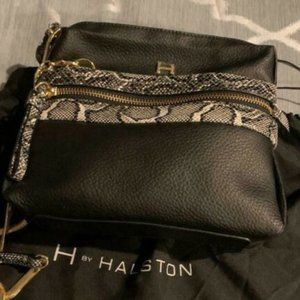 H by Halston BLACK Leather Snakeskin Detail Crossbody Handbag Crossbody Purse